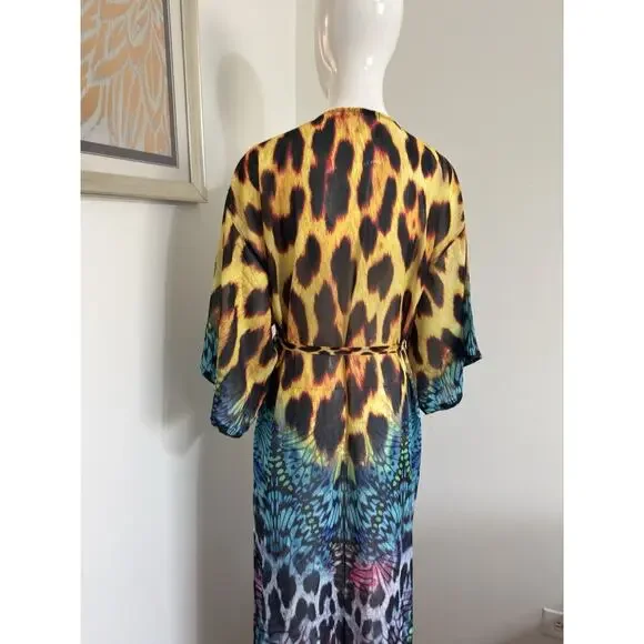 Boho Maxi Kimono Kaftan Women Leopard Butterfly Print Sheer Beaded Cover Up L/XL - Picture 9 of 16